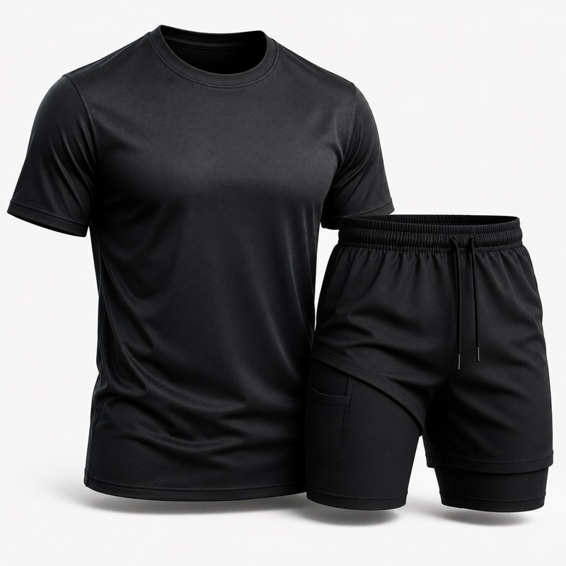 Conjunto de Fitness Masculino: Camiseta Dry Fit + Shorts de Compressão Dupla com Bolso para Academia, Corrida e Treiname