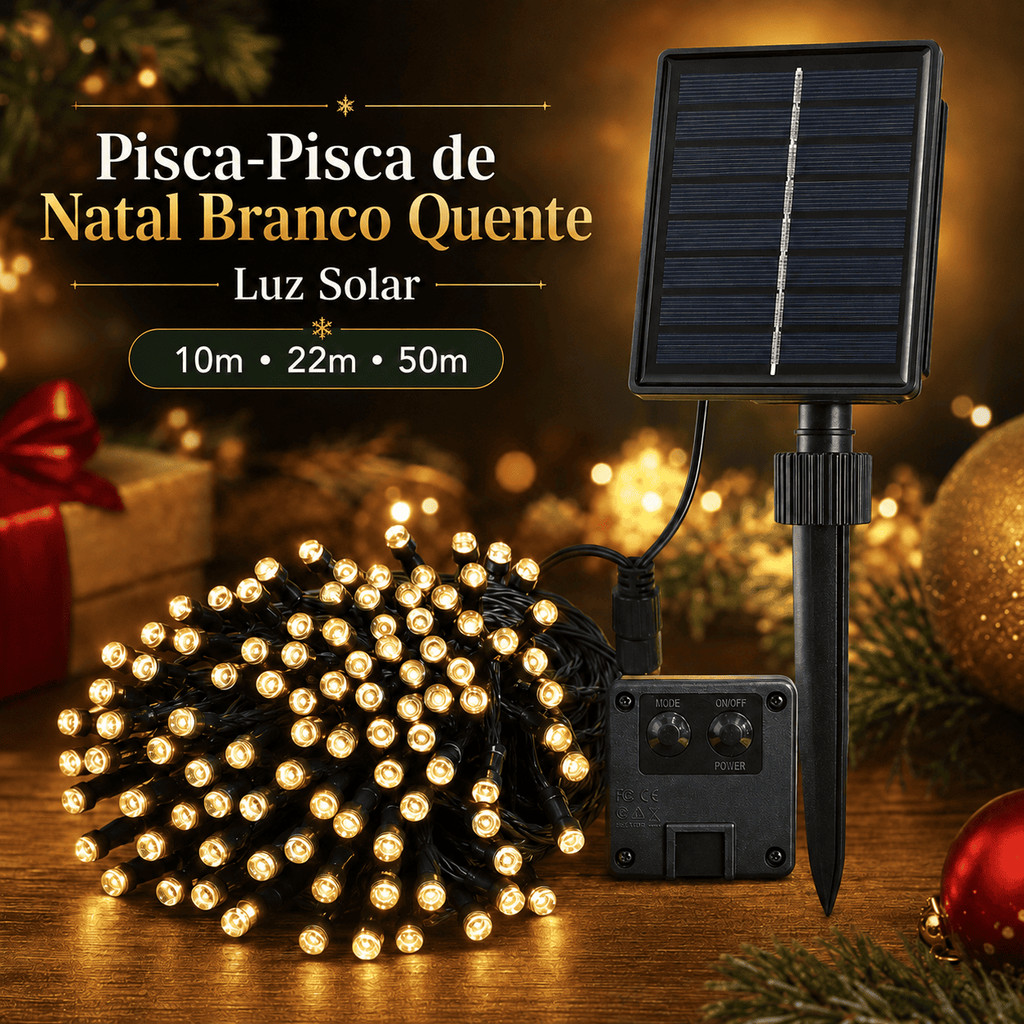 Pisca Solar Pisca Externo Branco Quente Natal 10m 12m 22m 50m Luz LED com Painel Solar para Jardim Árvore Varanda Festa