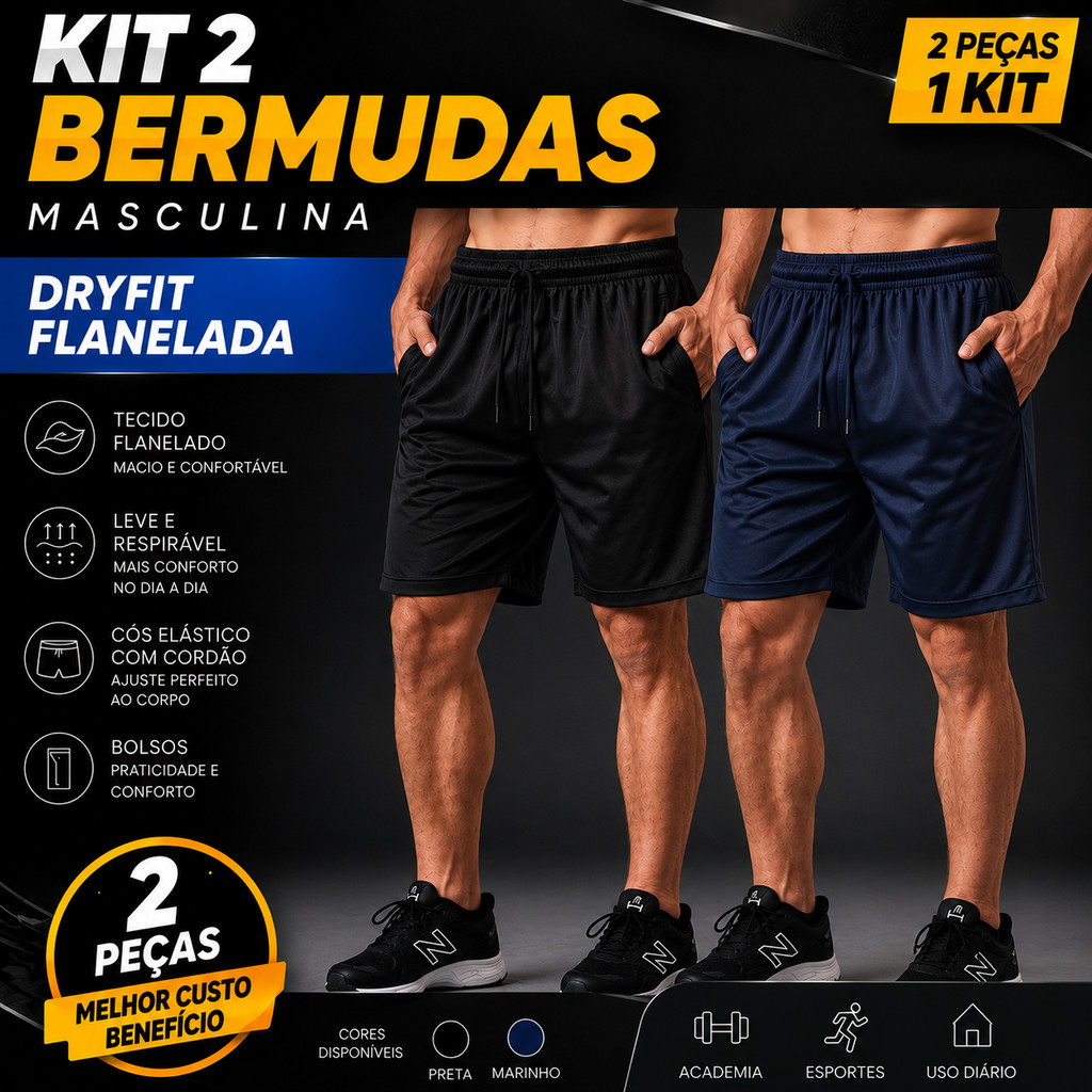 Kit/conjunto 2 Bermudas Shorts Chimpa Dry Fit- Tecido Leve e confortável de primeira linha, Academia, Caminhada, Casual