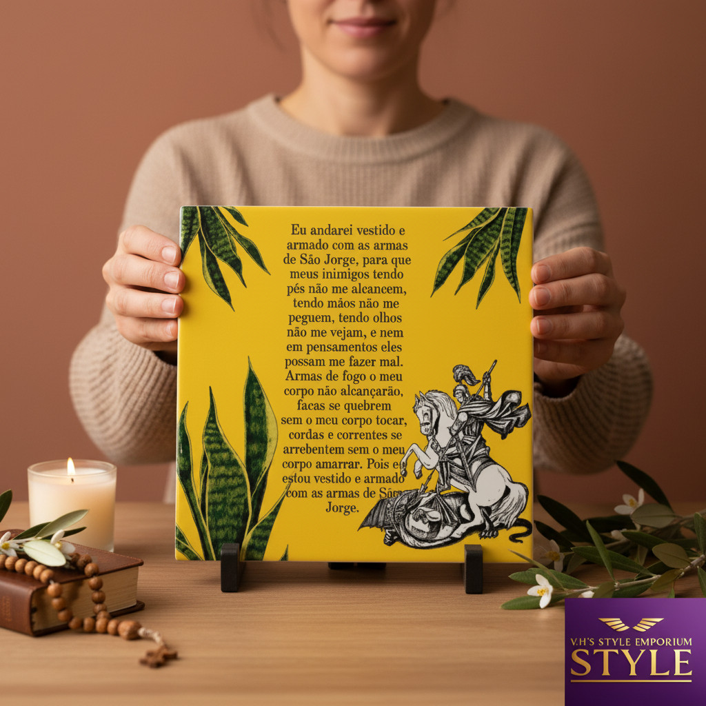 Azulejo São Jorge Oração Proteção Divina 20x20 cm Decorativo Cerâmica Cristão Religioso Católico Amarelo Espiritual