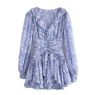 Vestido Mini Casual de Primavera para Mulheres, Decote em V, Cintura com Babados, Manga Lanterninha, Perfeito para Passe