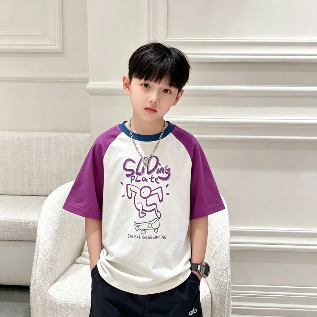 Meninos verão estilo coreano Graffiti contraste cor de manga curta camiseta 2026 novo estilo crianças meninos verão meia