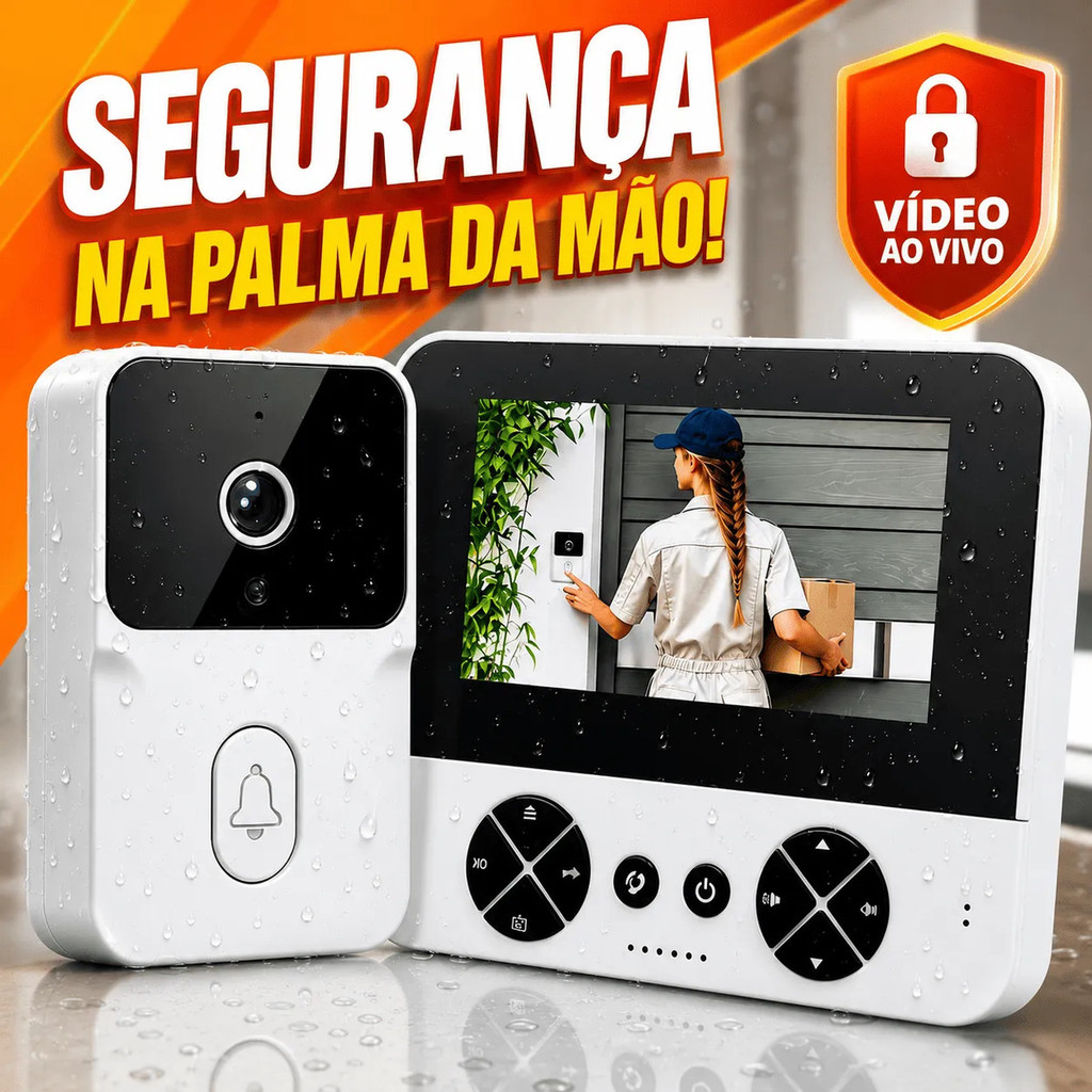 Campainha Com Câmera Sem Fio Tela IPS 4,3 Visão Noturna Infravermelho Interfone Eletrônico Gravação Foto Vídeo SD