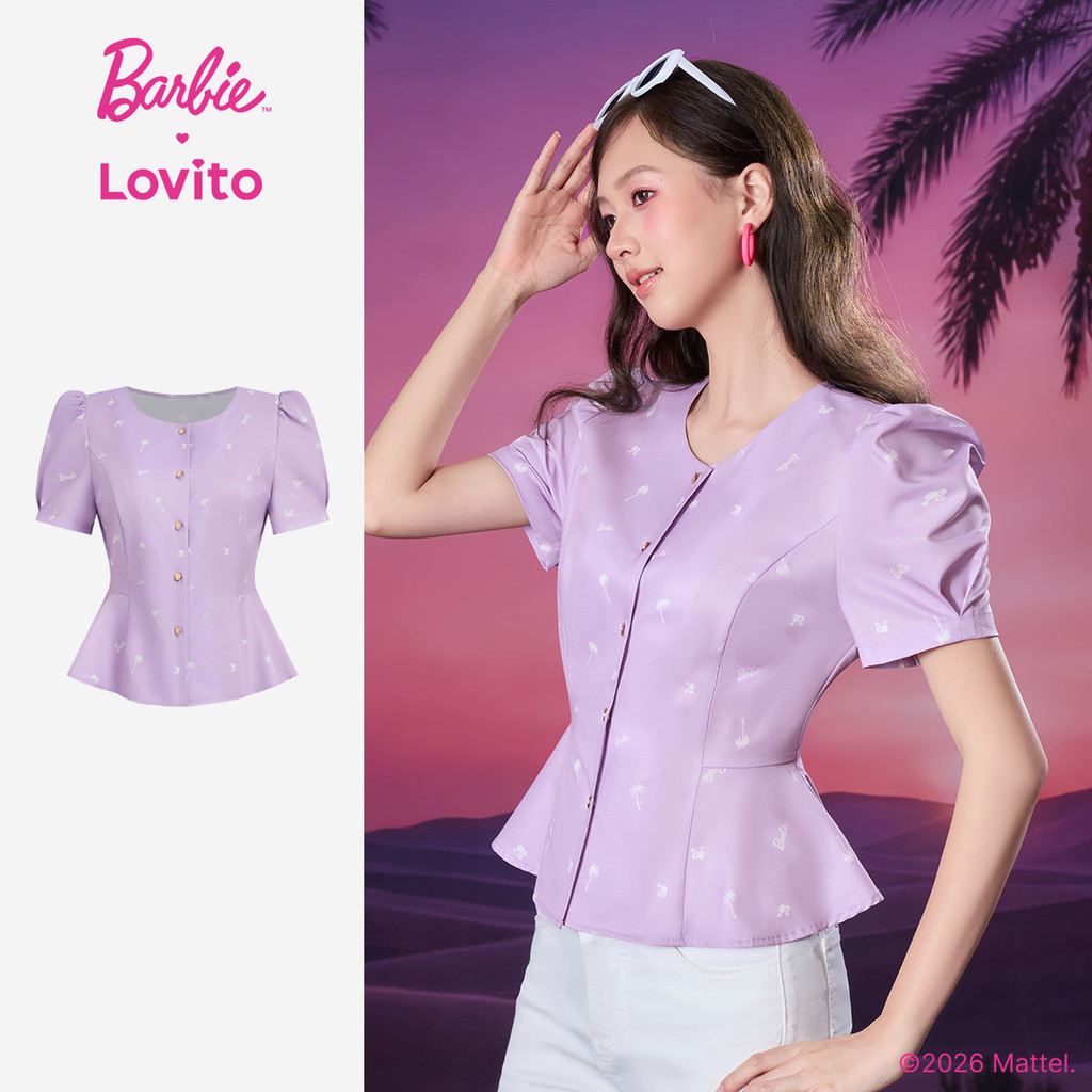 Barbie™ X Lovito Blusa Roxa Feminina Gola V Manga Curta Botões Frontais e Linhas Estruturais LBL5AD046