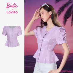 Barbie™ X Lovito Blusa Roxa Feminina Gola V Manga Curta Botões Frontais e Linhas Estruturais LBL5AD046