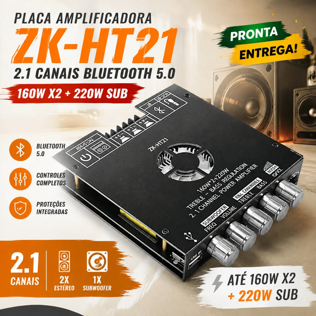 Placa Amplificadora ZK-HT21 TDA7498E Bluetooth 5.0 2.1 Canais 160W 220W Sub