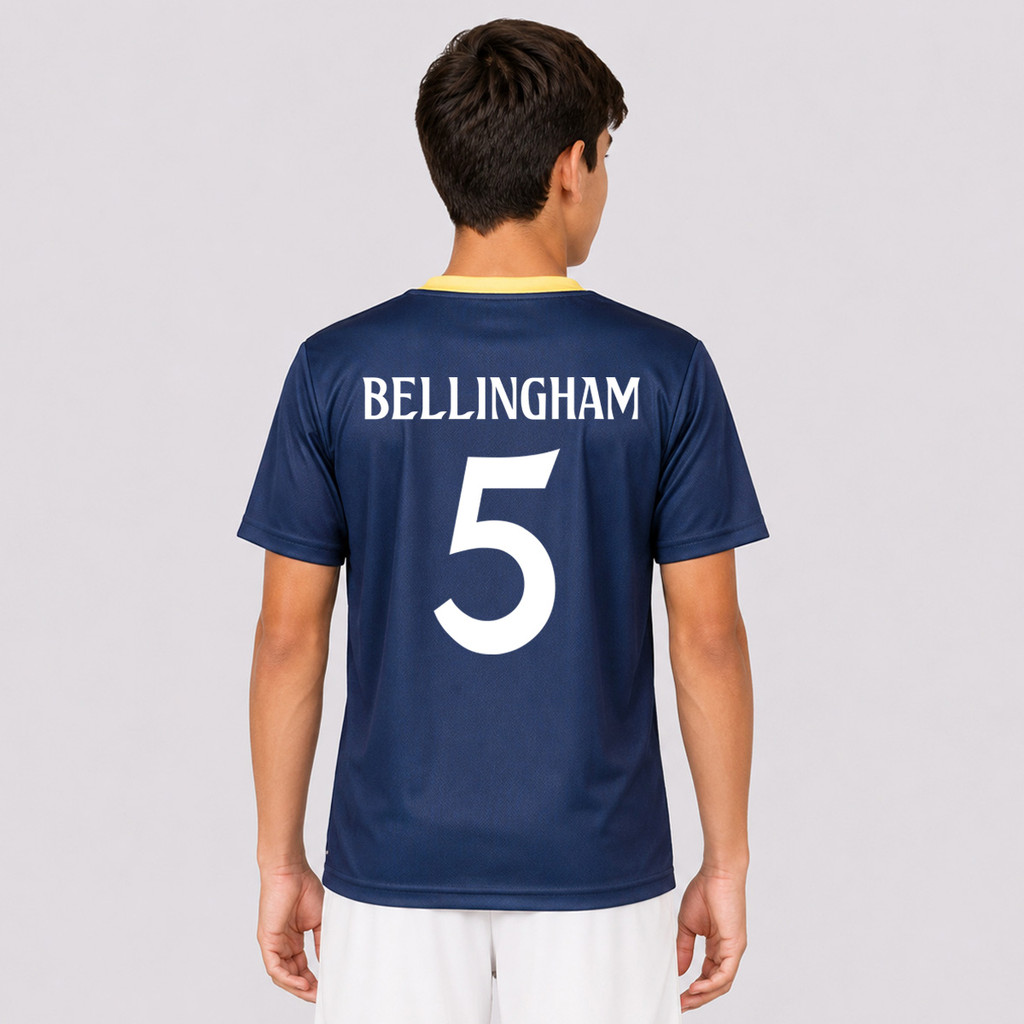 Camisa Real Madrid Campeones Juvenil Marinho 5 Bellingham