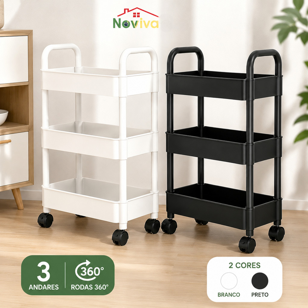 Carrinho Organizador 3 Andares com Rodas 360° | Multiuso PP Reforçado 40x30x76cm Preto ou Branco