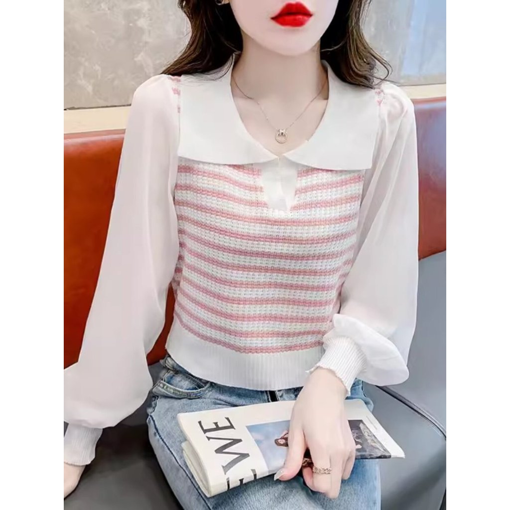 Camisola listrada feminina primavera outono 2026 novo estilo feminino curto Chiffon de manga comprida estilo ocidental f