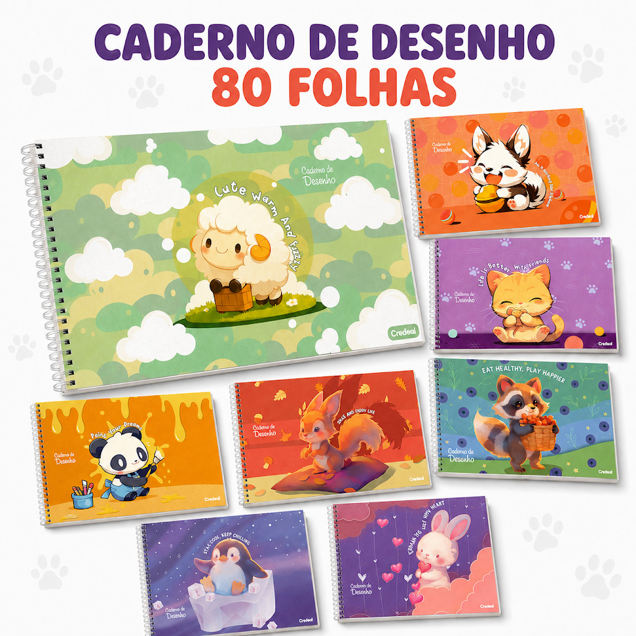 Caderno De Desenho 80 Folhas Capa Dura Grande Lala Pets Espiral Credeal