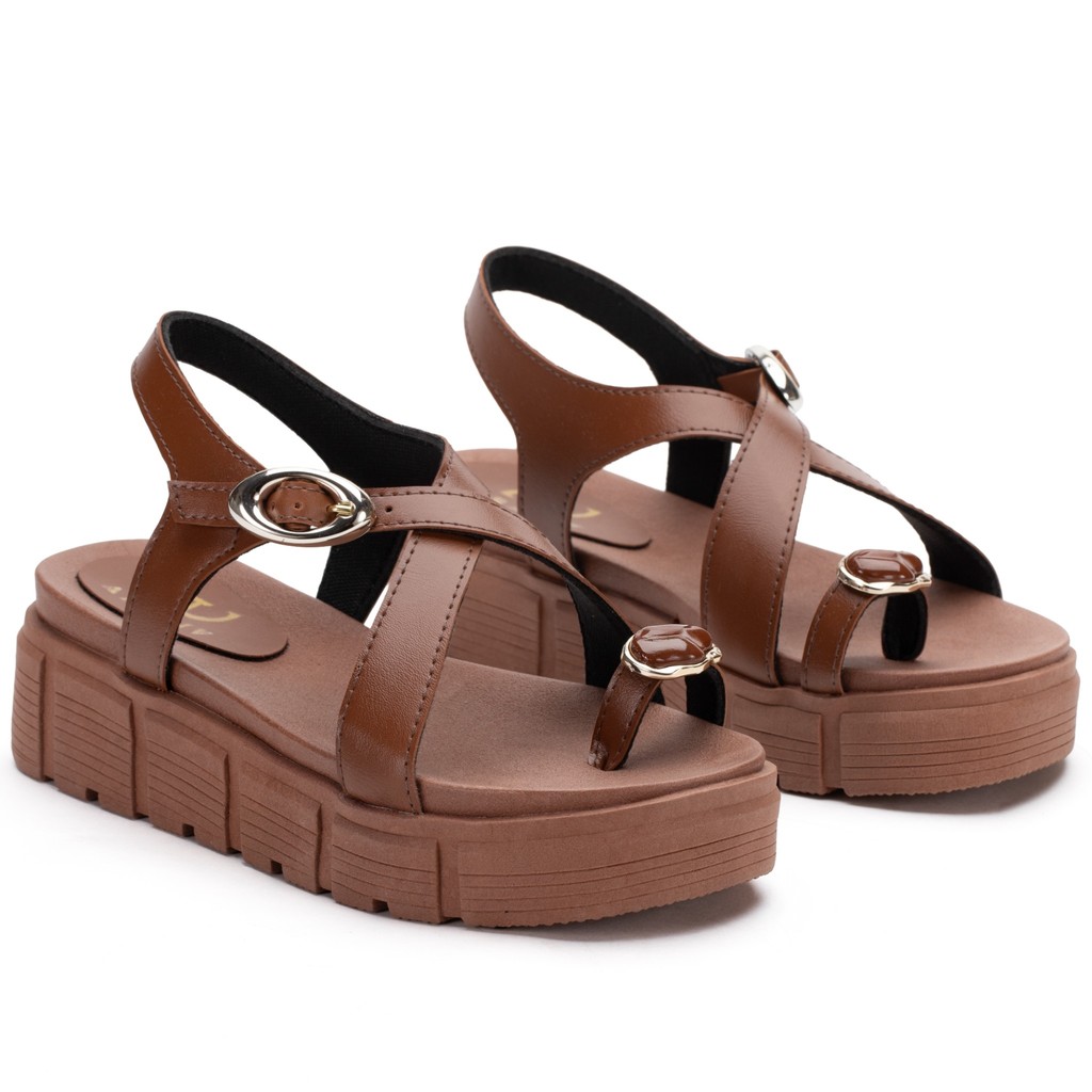 Sandália Papete Feminina Flatform Tratorada Fivela Dourada Plataforma Confortável Moderna
