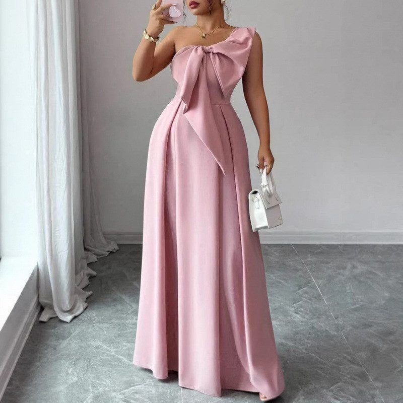 Nova celebridade elegante banquete namoro vestido rosa um ombro arco saia longa