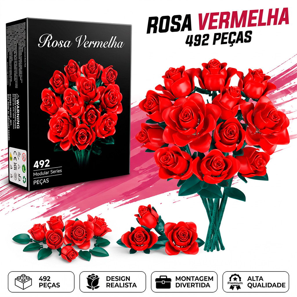 Rosas Vermelhas Flor Buquê Blocos De Montar Encaixe Decoração Presente Artificial Enfeite Casa