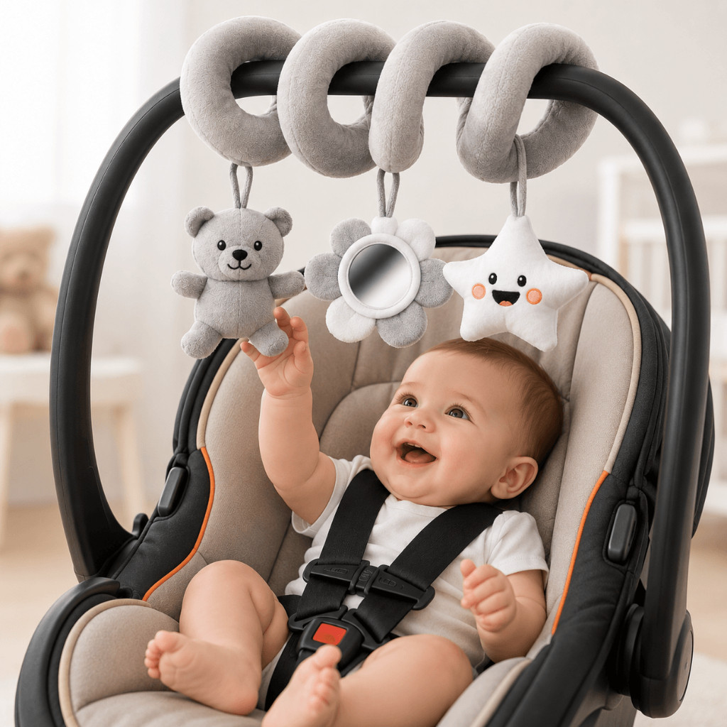 Mobile Ursinho Espiral Cinza Carrinho Bebê Conforto Berço Com Barulho de Chocalho Infantil Cadeirão