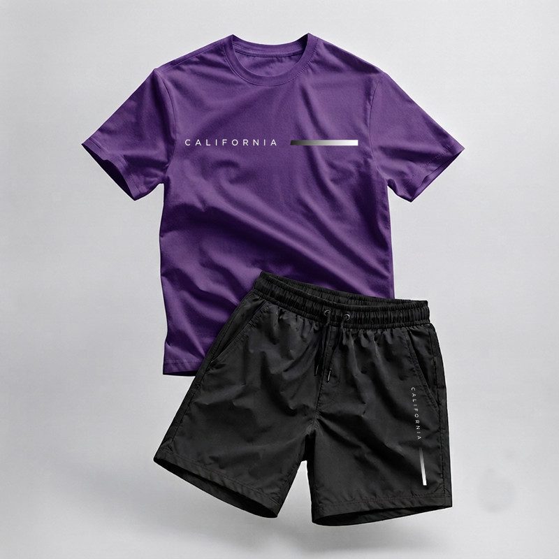 Kit Camiseta California Minimalista + Short Tactel Estampado 100% Algodão Premium Confortável