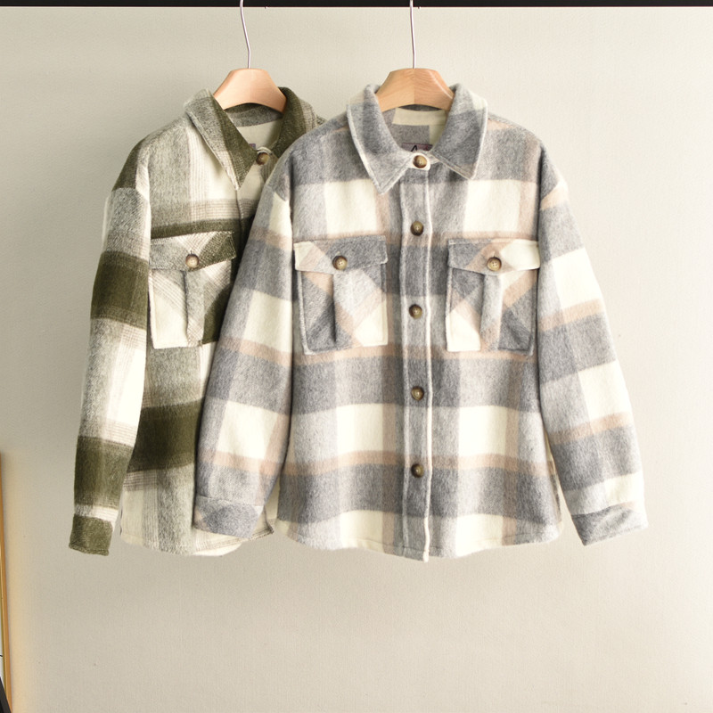 Americano verificado jaqueta de lã primavera outono manga comprida comércio exterior Plus Size feminino Casual solto tem