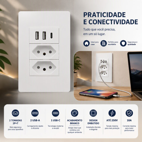 Tomada de Parede 2P+T com 2 USB + USB-C Embutida 10A 250V Branca para Quarto Escritório Casa