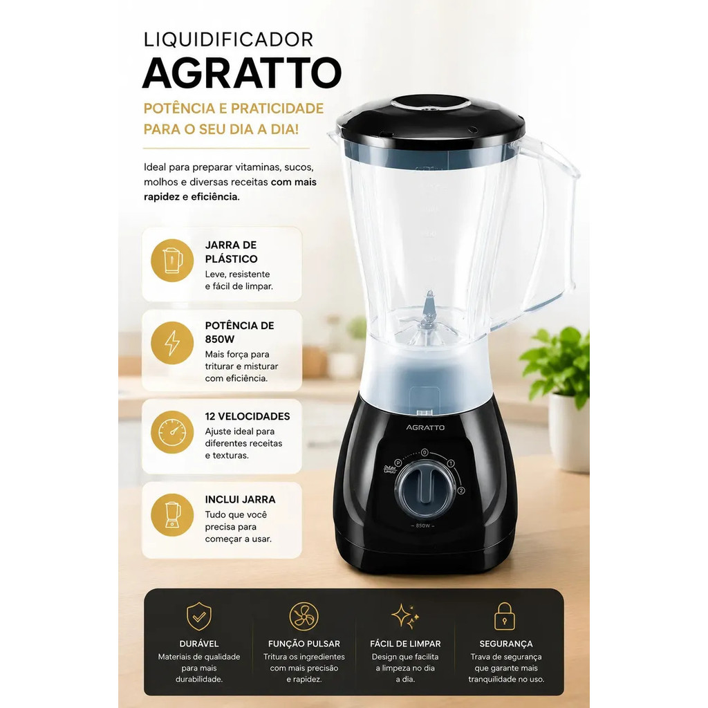 Liquidificador Potente Agratto Forza 220v Preto Turbo Copo Leitoso Resistente Ideal Para Suco Vitaminas - Triturar Gelo