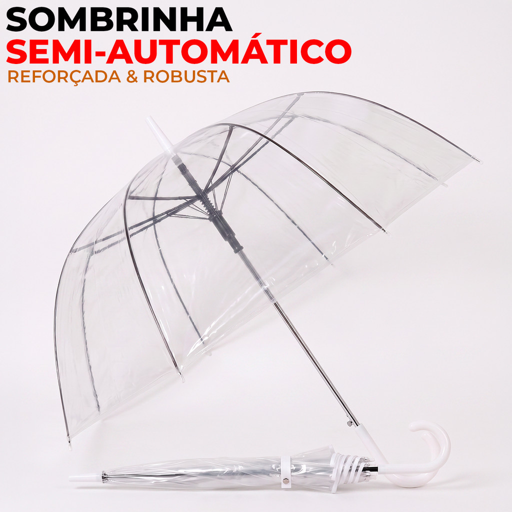 Guarda Chuva Sombrinha Pvc Transparente Reforçada Resistente Semi Automatica Bengala Varetas Adulto