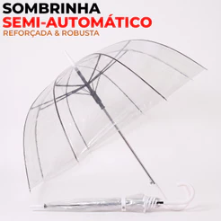 Guarda Chuva Sombrinha Pvc Transparente Reforçada Resistente Semi Automatica Bengala Varetas Adulto
