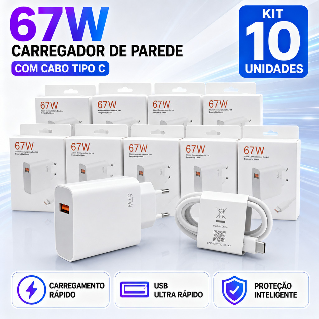 Atacado Kit 4/10 carregador p/xiaomi 67w/120w turbo charger cabo resistente tipo-c e carregamento rapido