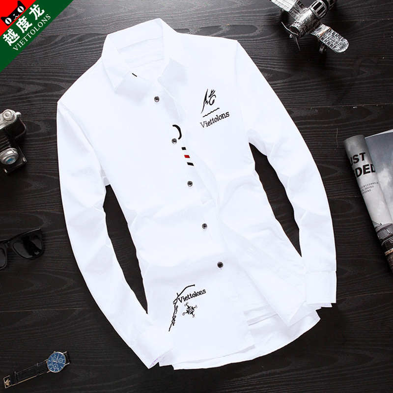 Primavera branco camisa de manga comprida masculina versão coreana magro-ajuste camisa masculina de seda gelo polegada c