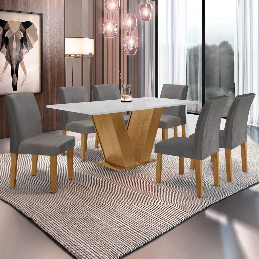 Conjunto Mesa Jantar 160x80cm Tampo MDF com 6 Cadeiras Espanha Yescasa Ypê/Off White/Suede Cinza