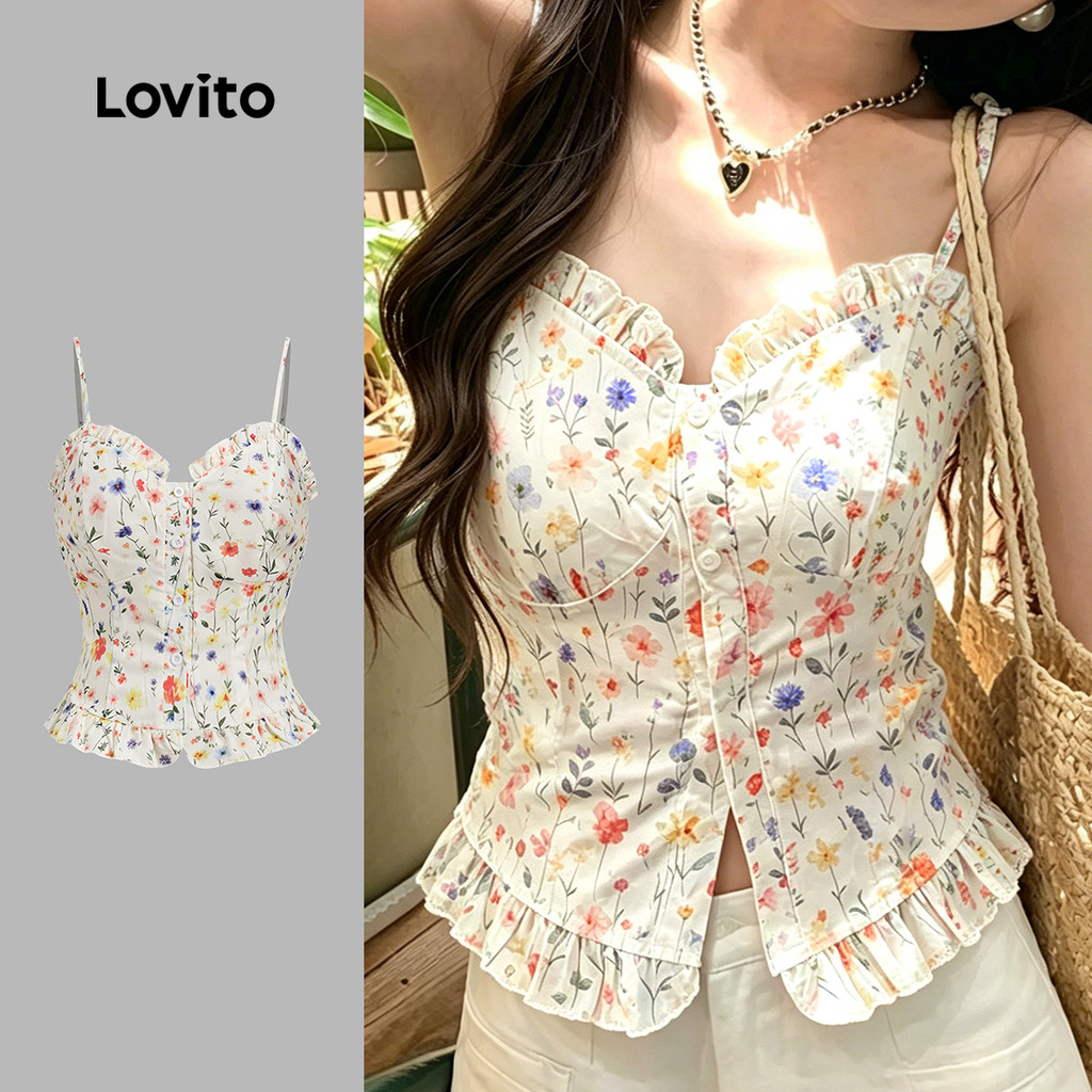 Lovito Top Boho com Padrão e Borda de Folhas com Botão para Primavera/verão Feminino TKB200TD242