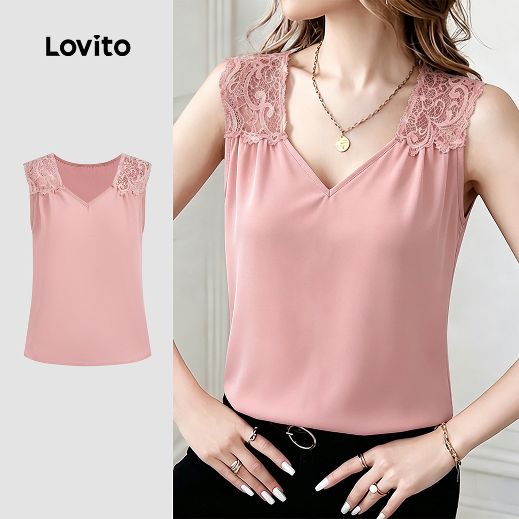Lovito Top Casual Rosa Plissado de Renda para Mulheres primavera/verão Bordado TKK8P1D678
