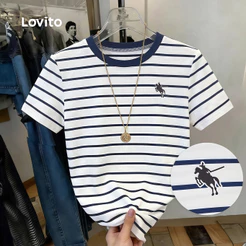 Lovito Camiseta Elegante com Estampa Linhas Contrastantes Blocos de Cor Branca feminina TSK8P2D1083