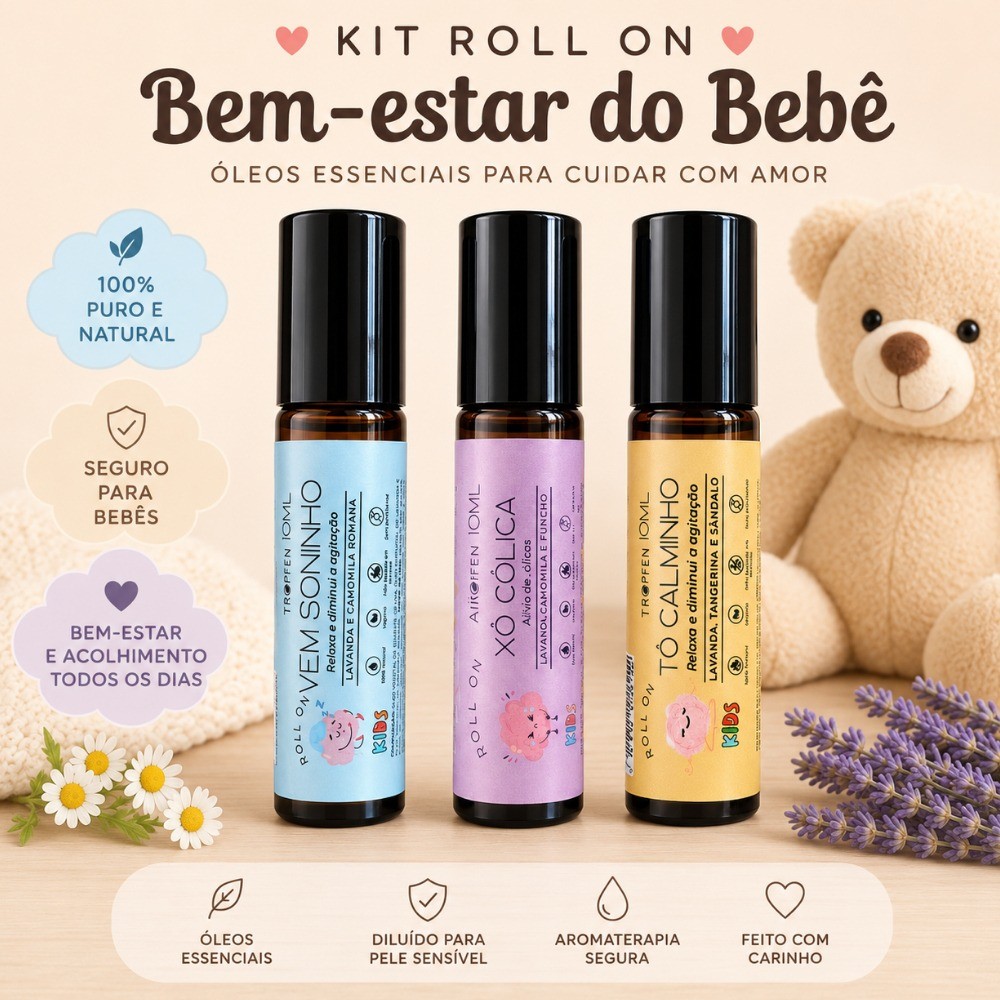 Kit 3 Roll On Tropfen Bem Estar Infantil Aromaterapia Blend de Óleos Essenciais - Soninho + Xô Cólica + Calminho