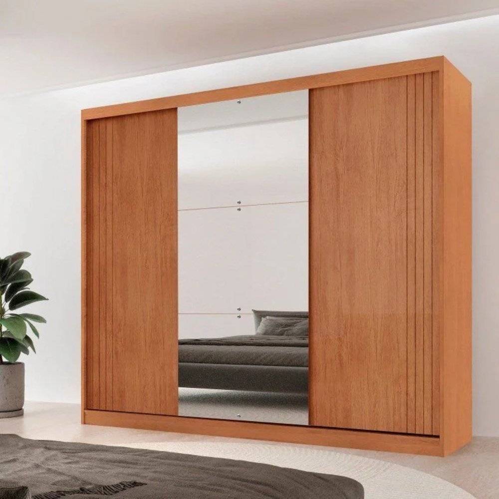 Guarda-Roupa Casal 100% MDF 3 Portas de Correr 4 Gavetas e Espelho Chile Marrom/Marromle Naturalle