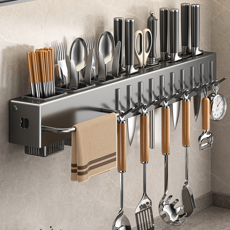 Rack De Faca De Cozinha Removível Montado Na Parede Sem Perfuração , Porta-Com Ganchos Multiuso