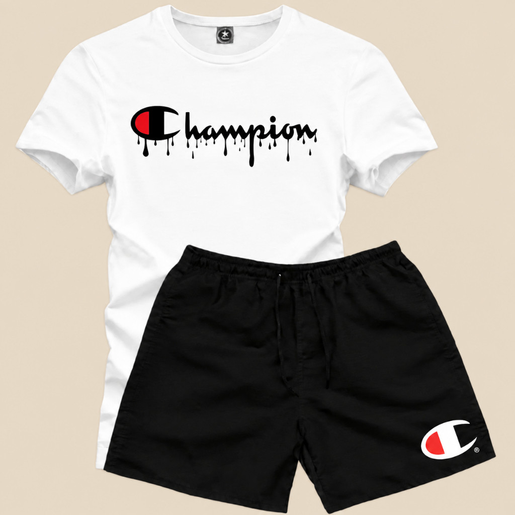 Conjunto Masculino Champion Camiseta + Short Tactel Premium Academia Casual Fitness