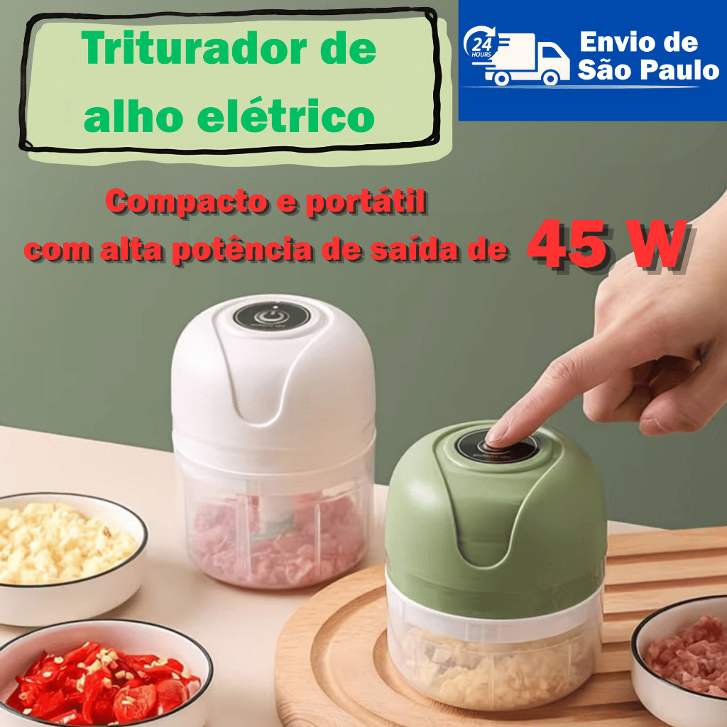 Triturador Alho Recarregável USB 45W 250ml Portátil Compacto Cozinha