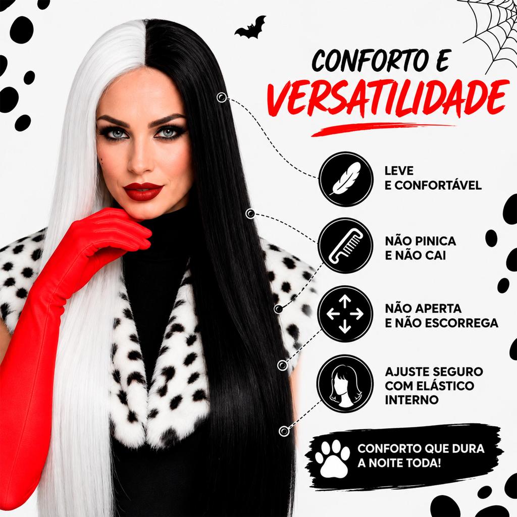 Cabelo Cruella De Vil Peruca Longa Preta e Branca 65cm Fantasia Cosplay · foto 2