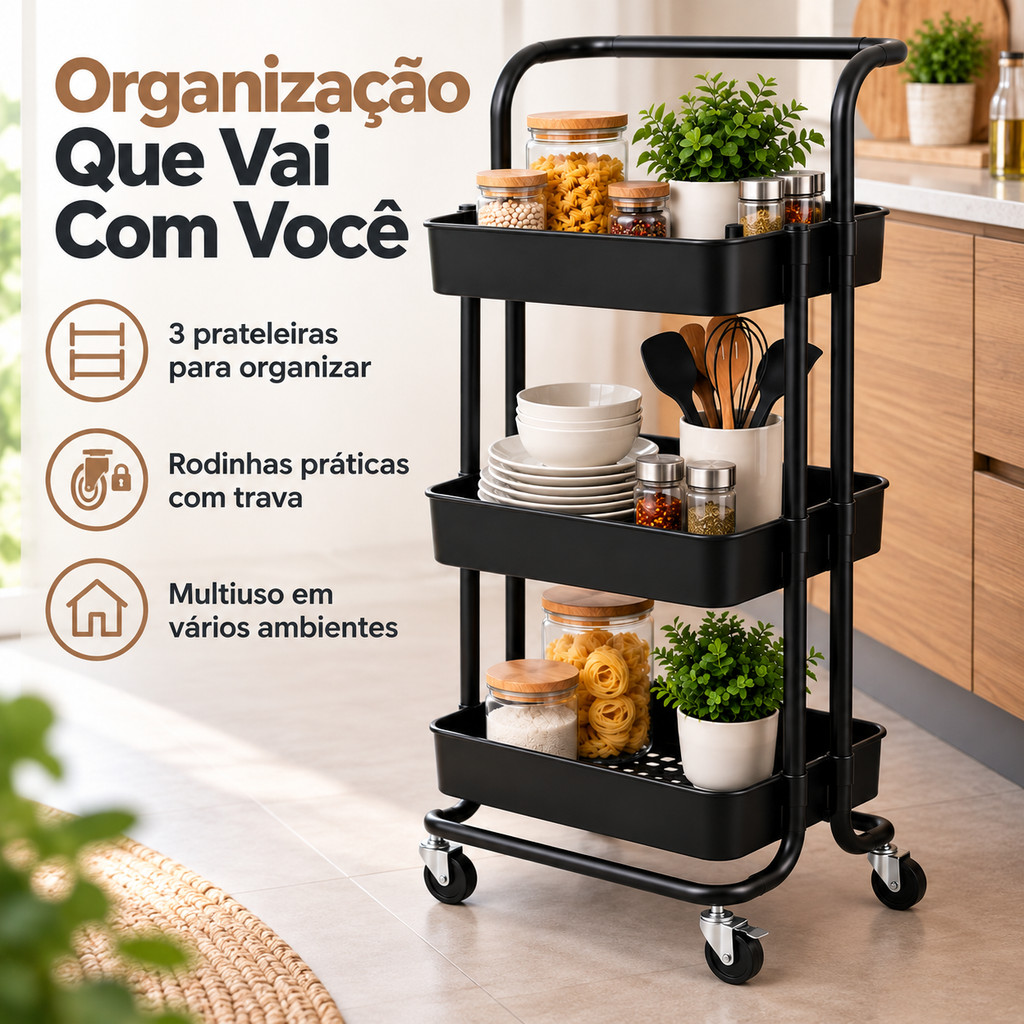 Carrinho Organizador Multiuso 3 Prateleiras com Rodinhas e Trava Preto para Cozinha Banheiro Lavanderia