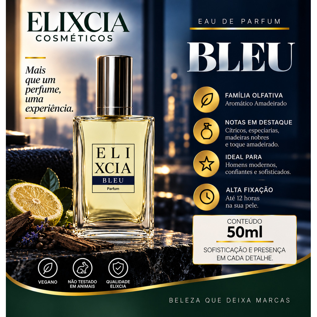 Perfume Masculino Bleud Elixcia 50ml – Amadeirado Aquático – Moderno – Alta Fixação