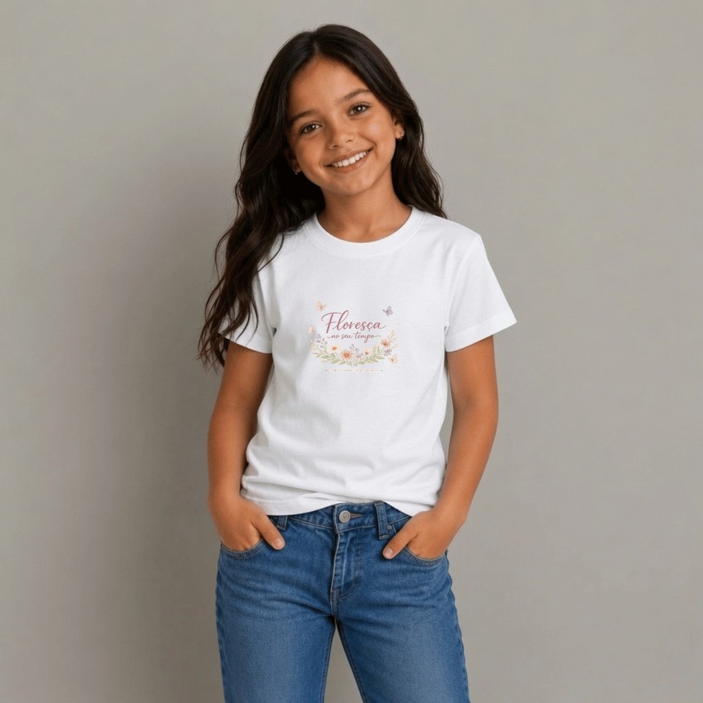 Camiseta Feminina Infantil Estilosa Estampada Floreça No Seu Tempo Camisa 100% Algodão Macia Leve Fashion Estilosa