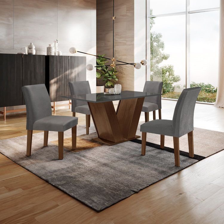 Conjunto Sala de Jantar Mesa 120x80cm Tampo MDF/Vidro com 4 Cadeiras Espanha Yescasa Chocolate/Grafite/Suede Cinza