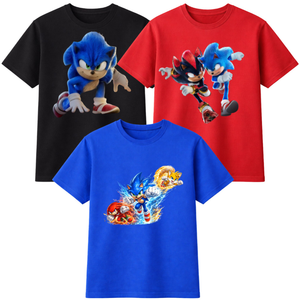 Kit 3 Camisetas Algodão Infantil Masculina Sonic e Amigos Estampadas – Cores Variadas Shadow Tails