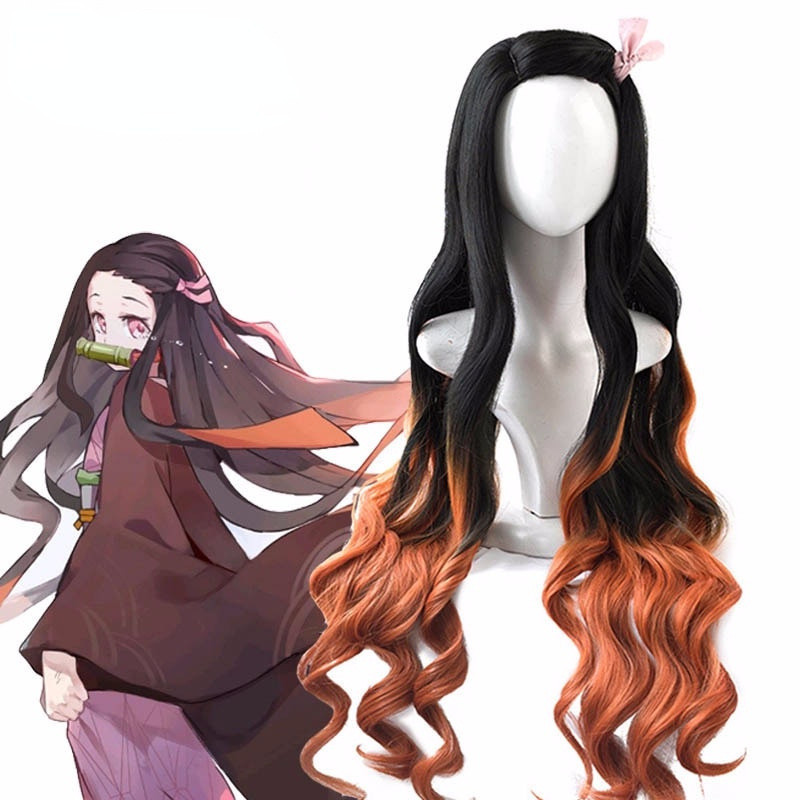 Demon Slayer Nezuko Cosplay 95 cm de cabelo longo gradiente acessórios para cabelo