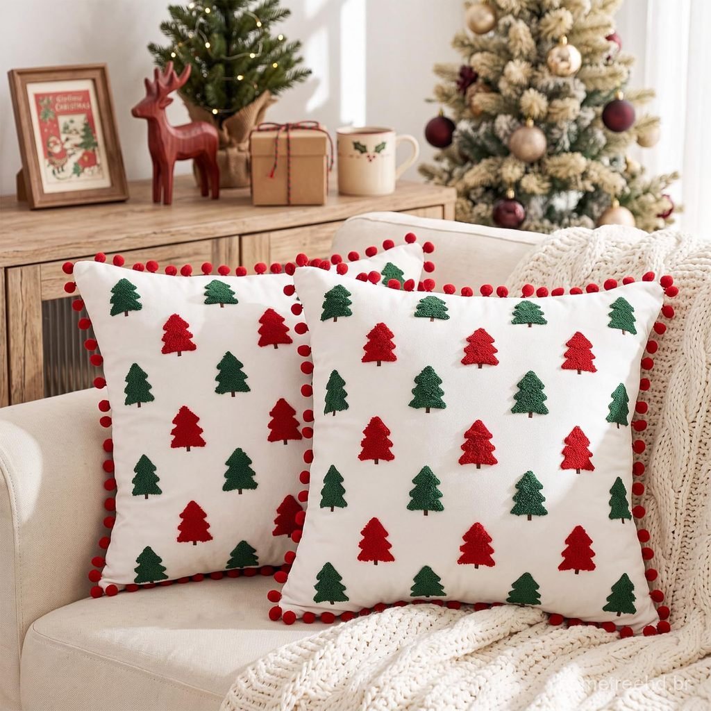 Capa de Almofada de Natal Bordada 45x45cm - PRÉ-VENDA (sem enchimento)