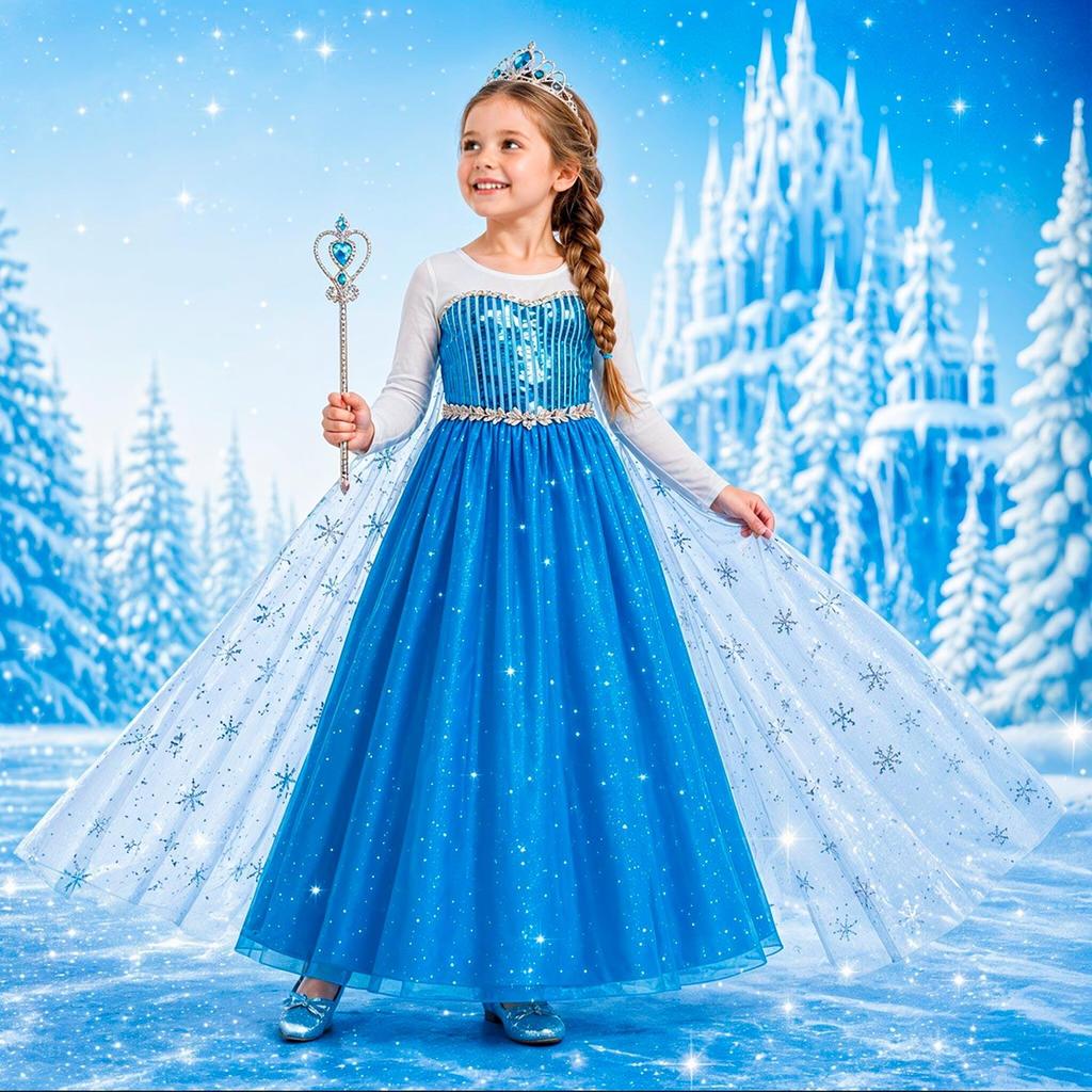 Frozen Fantasia Infantil de Luxo e Completa Vestido Longo Princesa Elsa Com Capa Coroa e Trança