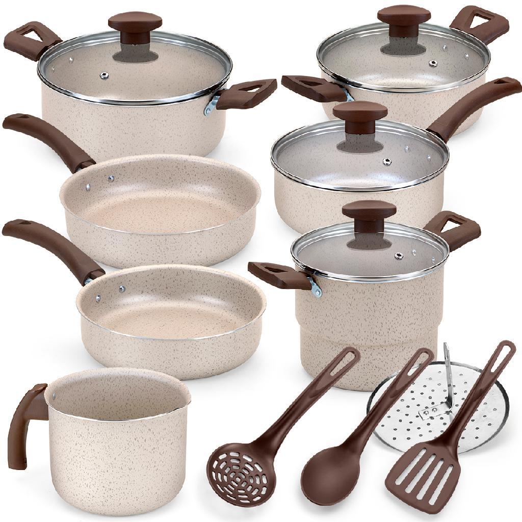 Kit Jogo de Panelas com Cuscuzeira 10 Peças Creme Antiaderente Teflon Tampa de Vidro Baunilha