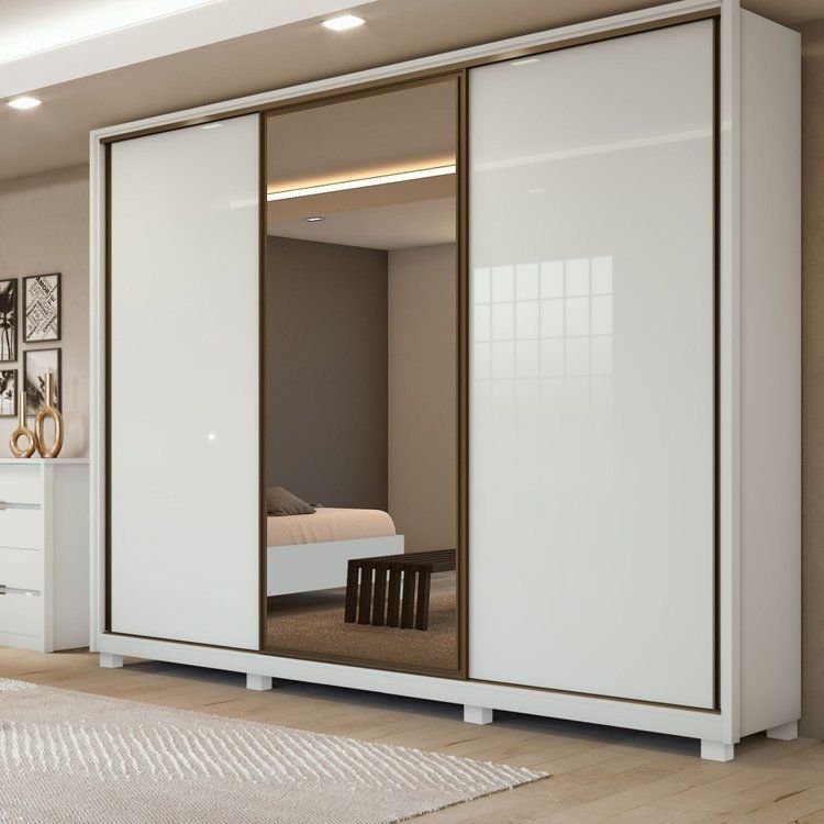 Guarda-Roupa Casal 3 Portas de Correr 6 Gavetas com Espelho e Pés MDF 270cm Spazio Branco Branco
