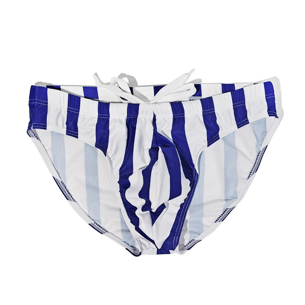 Calções de banho masculinos de cintura baixa, com alta elasticidade e estampa, ideais para a praia.