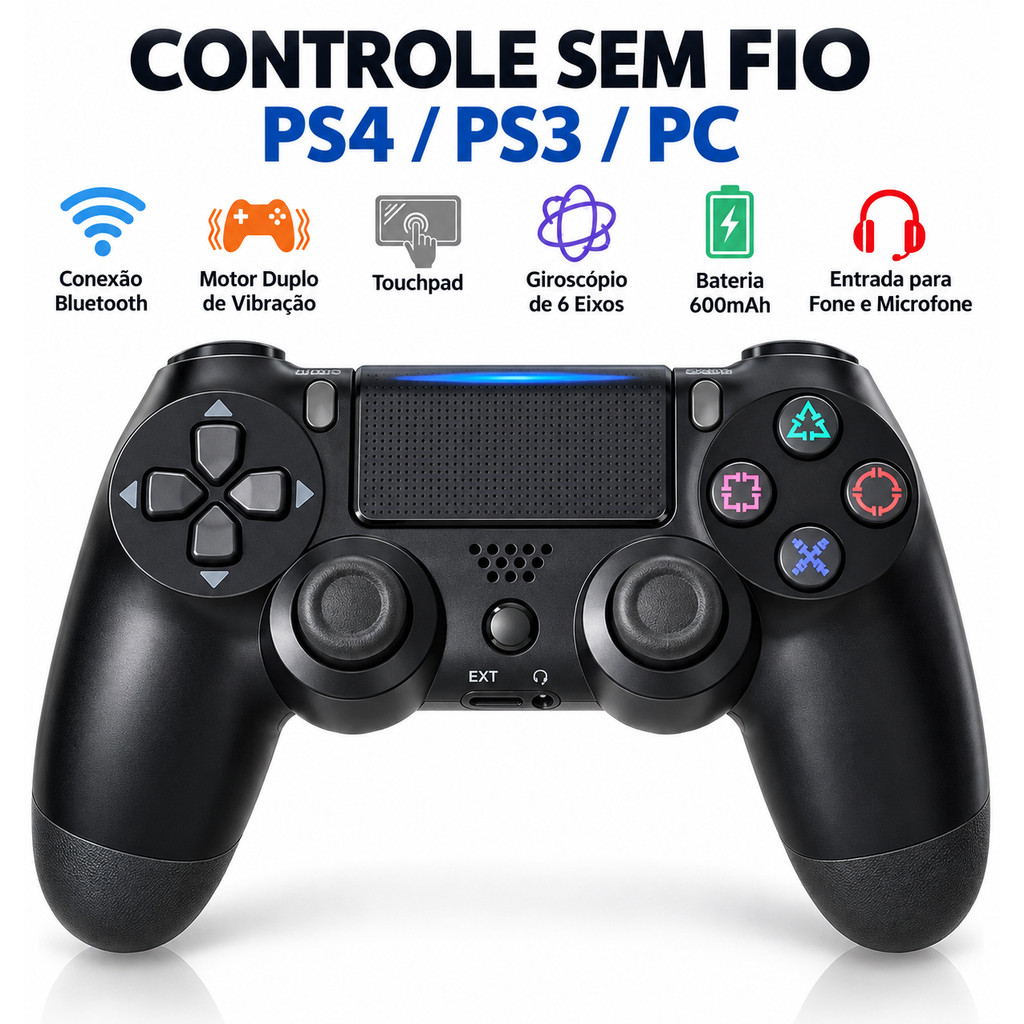 🎮 Controle PS4 PS3 PC Sem Fio Bluetooth Joystick Motor Duplo Vibração Touchpad Bateria 600mAh