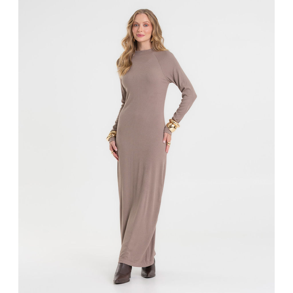 Vestido Midi Feminino Manga Longa Ribana Rovitex Marrom