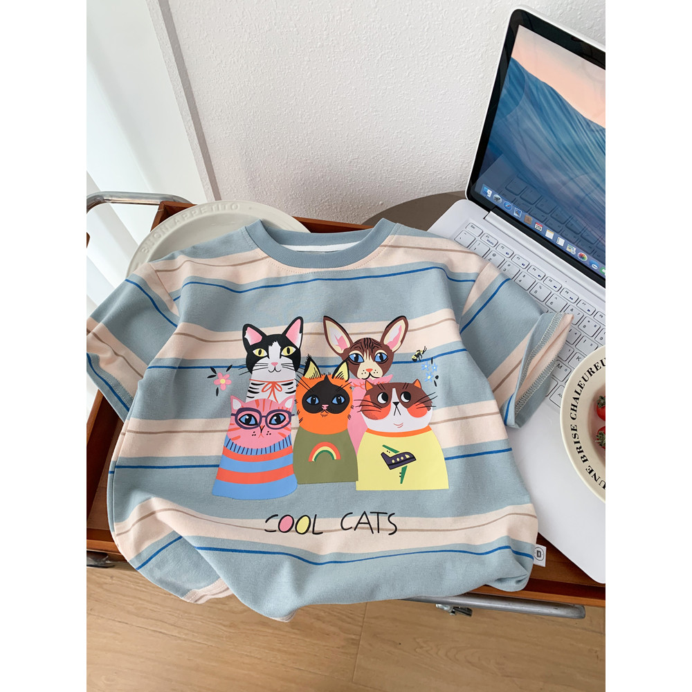 Meninos dos desenhos animados de manga curta camiseta crianças verão listrado camiseta topo crianças puro algodão moda i